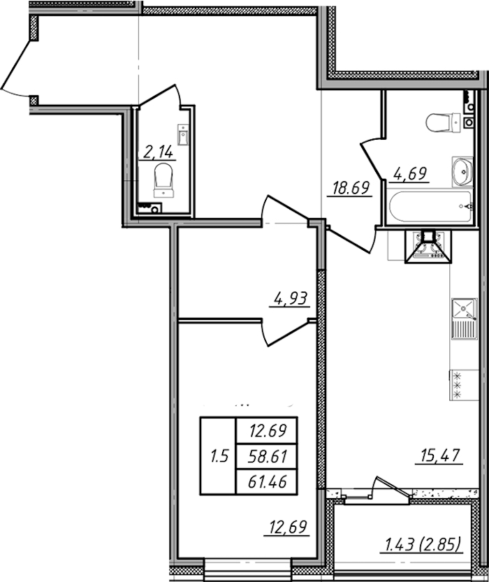 1-комнатная квартира 58.61 м², 1/12 эт., ЖК «Чёрная речка»